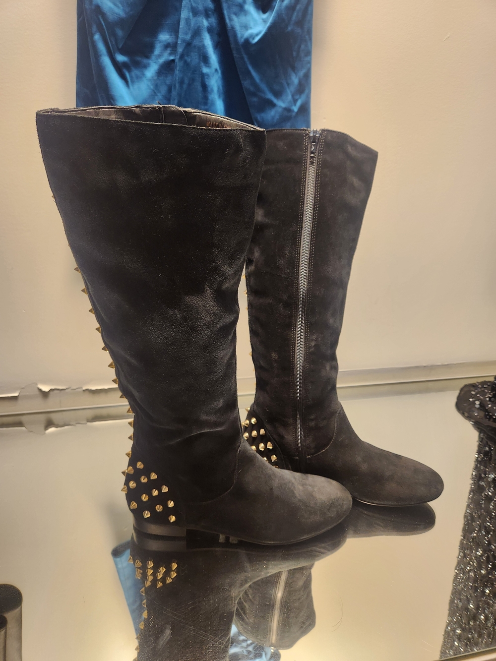 le chateau Black Suede Over-the-Knee Boots with Gold Stud Accents